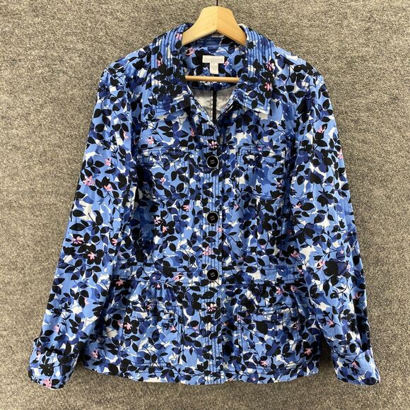 Charter Club Jacket Women L Large Blue Floral Collared Button Up Long Sleeve - Picture 1 of 6